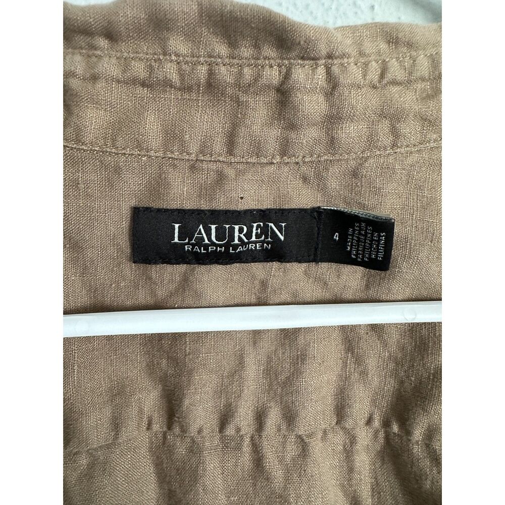 Lauren Ralph Lauren Black Label 100% Linen Shirt Dress Size 4 Tan Tie Waist - Picture 3 of 6